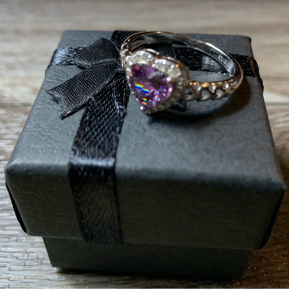 Elegant Silver Heart Ring with Purple Gemstone